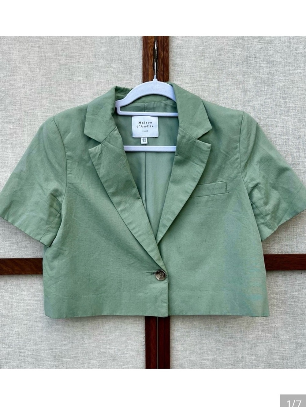 Maison d’Amelie Paris Sage Green Short Sleeve Cropped Blazer - Small